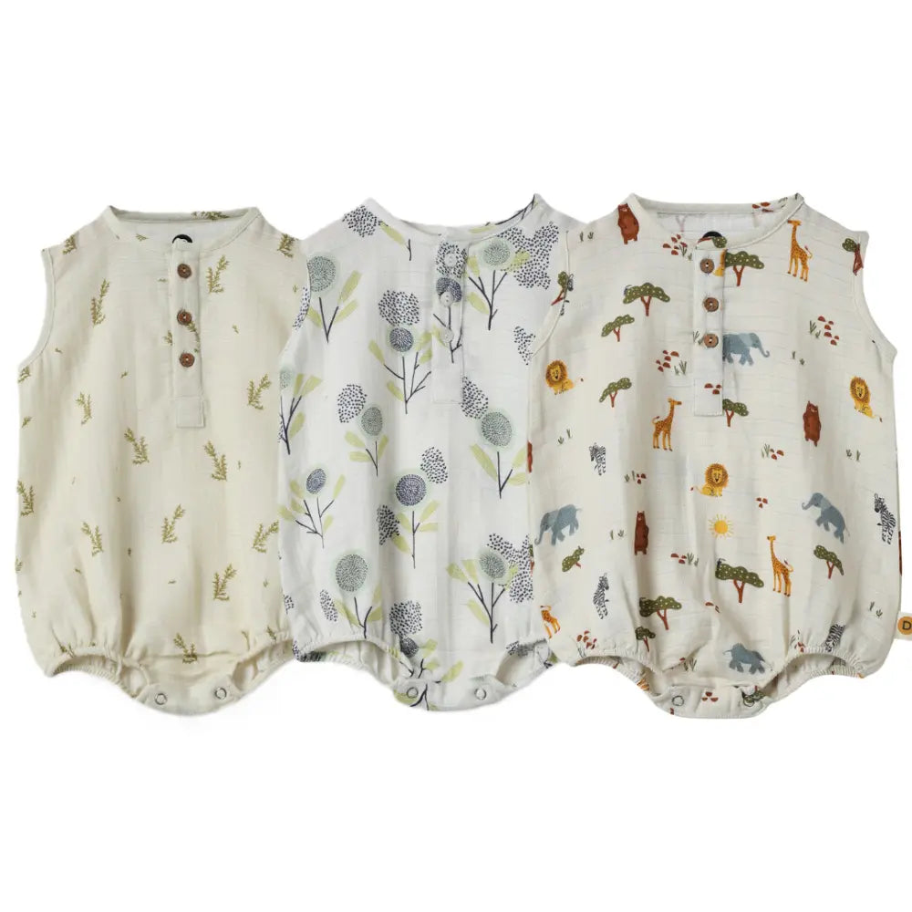 Dulaar Organic Muslin Romper (Set of 3) - Green Zen + The Sparrow and Flower + Squad Goals