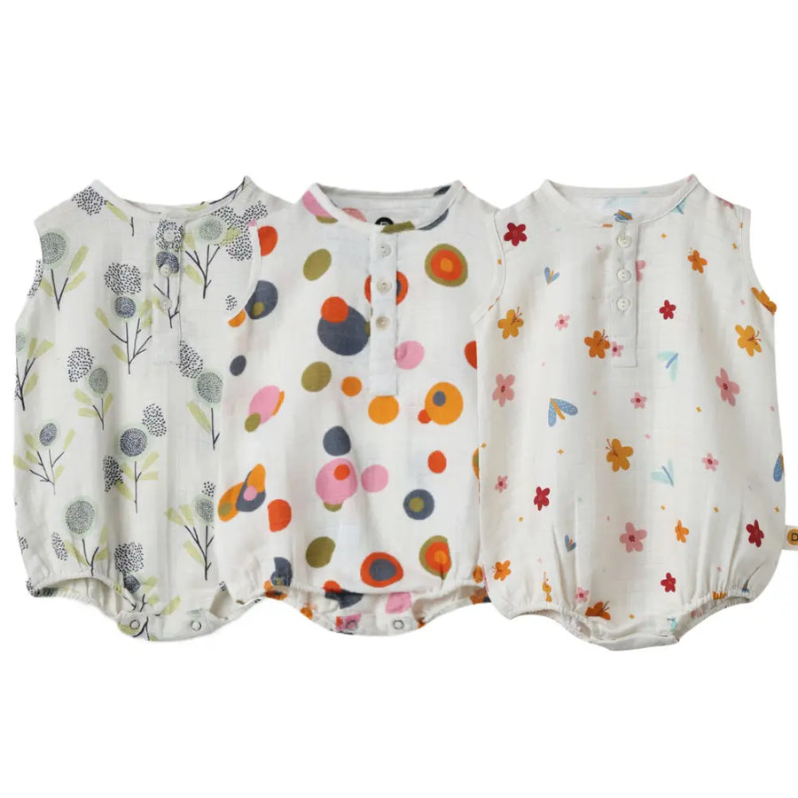 Dulaar Organic Muslin Romper (Set of 3) - The Sparrow and Flower + Bubble Pops + A World in Bloom