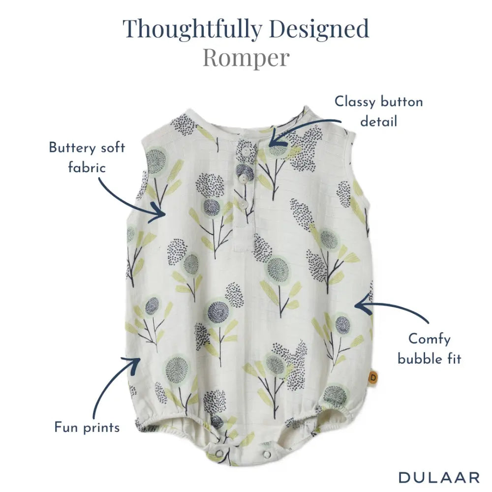 Dulaar Organic Muslin Romper (Set of 3) - The Sparrow and Flower + Bubble Pops + A World in Bloom