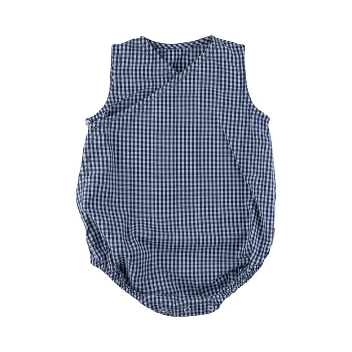 Dulaar Cotton Kimono Romper - Blue Checks