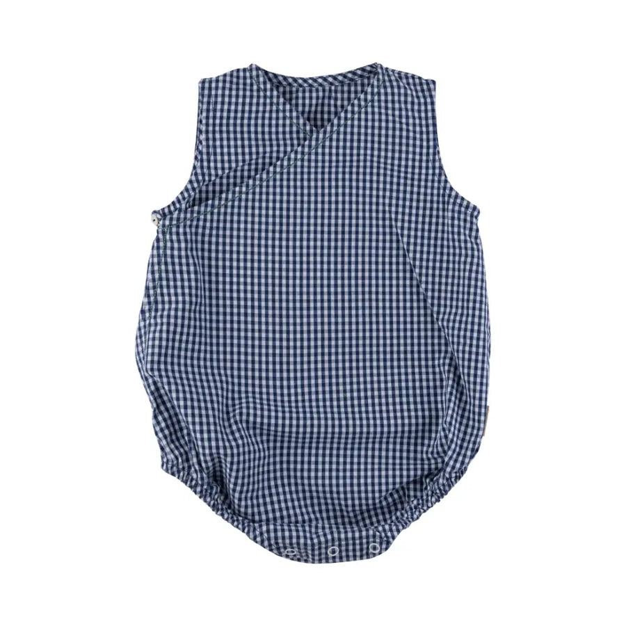 Dulaar Cotton Kimono Romper - Blue Checks