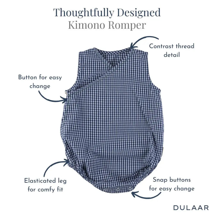Dulaar Cotton Kimono Romper - Blue Checks