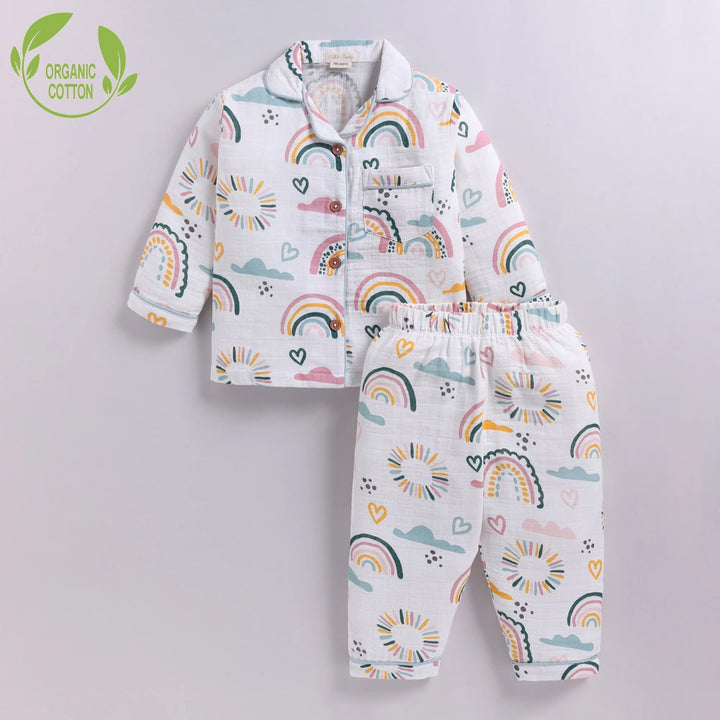 Cot &amp; Candy Baby Baby Organic Muslin Collar PJ Set - Rainbow Print