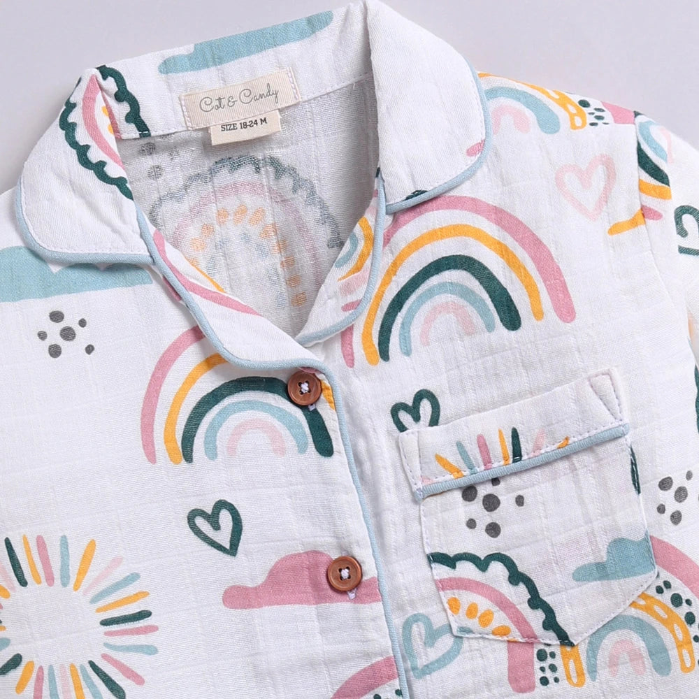 Cot &amp; Candy Baby Baby Organic Muslin Collar PJ Set - Rainbow Print