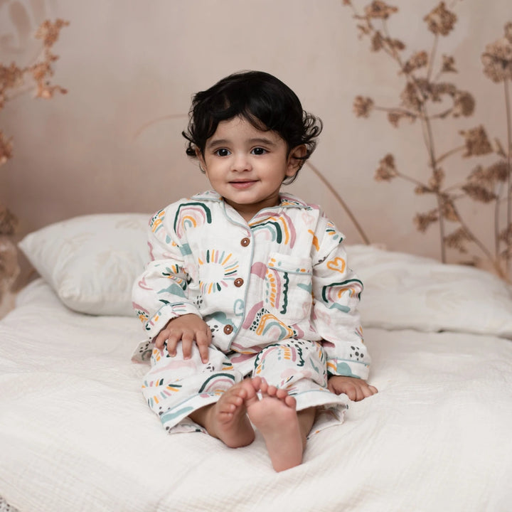 Cot &amp; Candy Baby Baby Organic Muslin Collar PJ Set - Rainbow Print