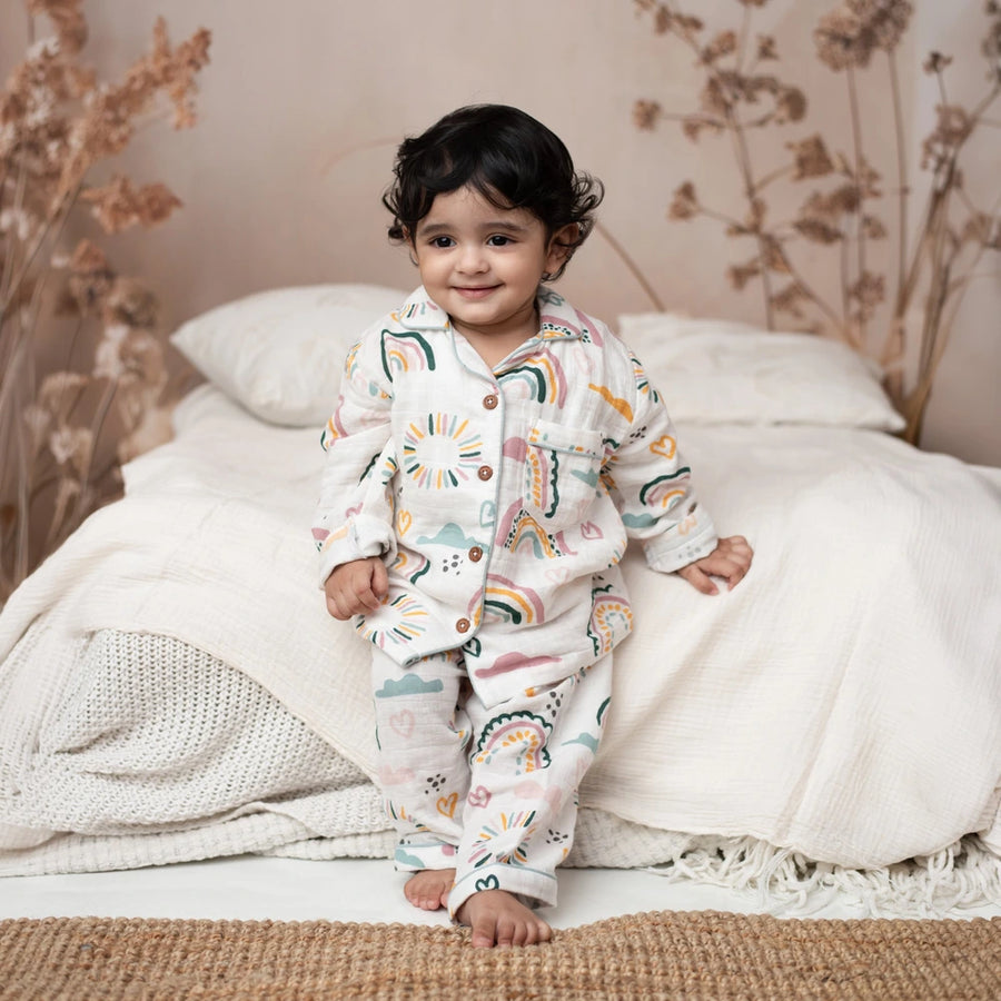 Cot & Candy Baby Baby Organic Muslin Collar PJ Set - Rainbow Print