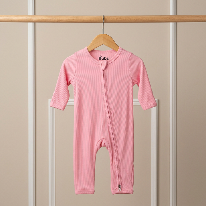 Bubz Bamboo Baby Zipsuit - Two-Way Zip Sleepsuit - Ribbed Cotton Candy Pink