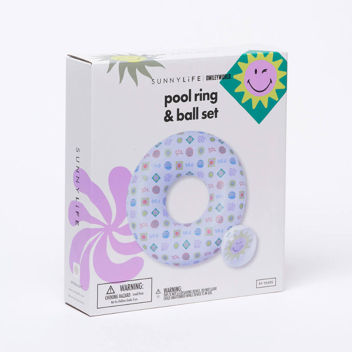 SUNNYLiFE Inflatable Pool Ring &amp; Ball Set - Smiley World Sol Sea