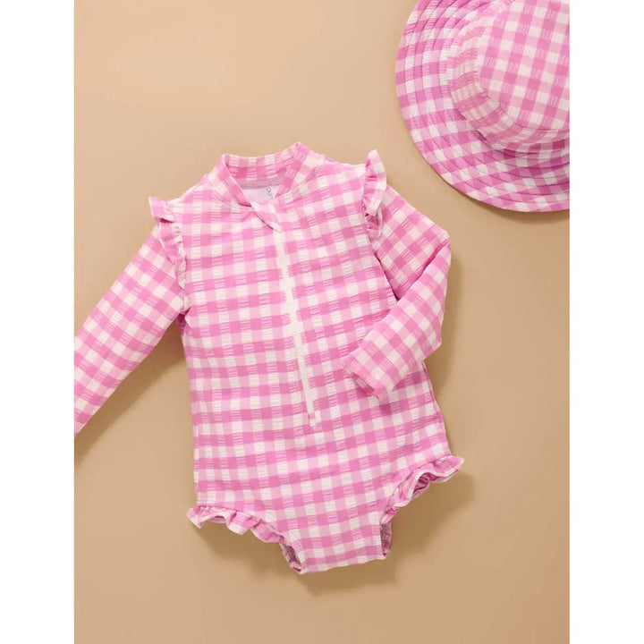 Purebaby Fig Frilly Long Sleeve Swimsuit For Girls - Gingham