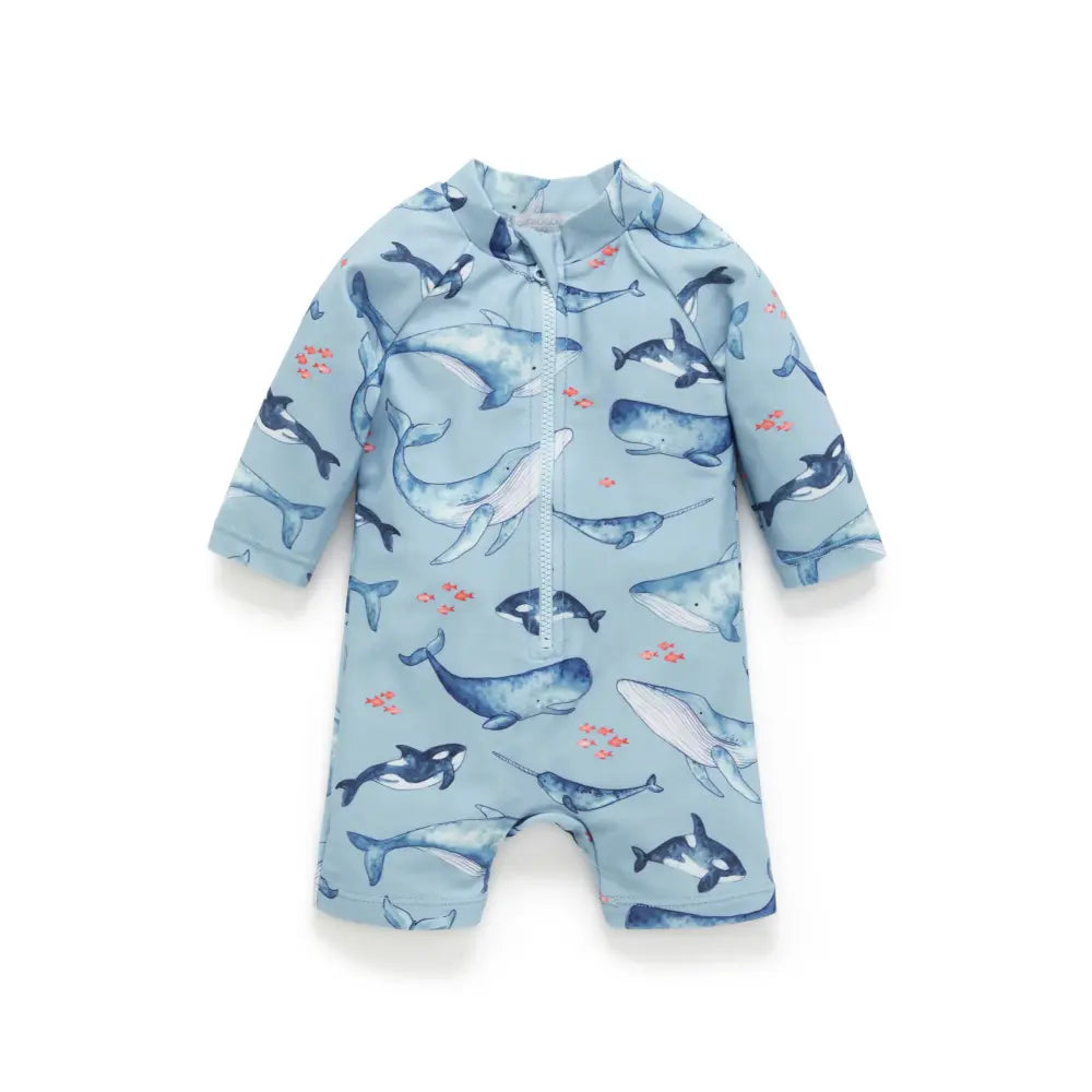 Purebaby Blue Unisex Long Sleeve Sunsuit - Whale Pod Print