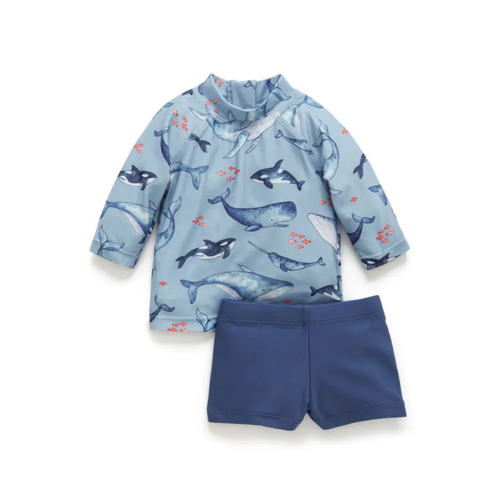 Purebaby Unisex Blue Long Sleeve Rashie Set  -  Whale Pod Print