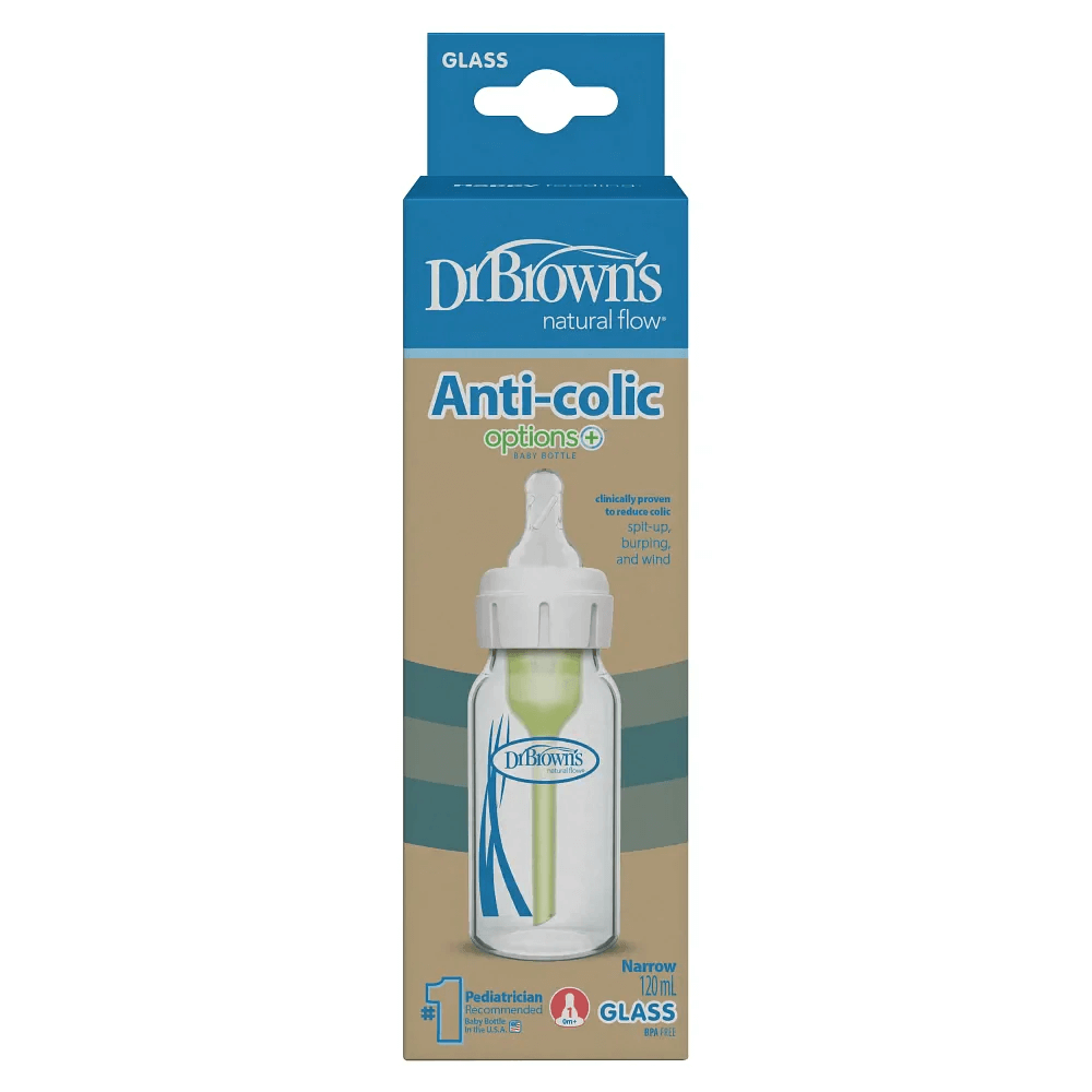 Dr. Brown’s Options+ Anti-Colic Narrow Glass Baby Bottle, 120 ml (4 oz)- Pack of 1