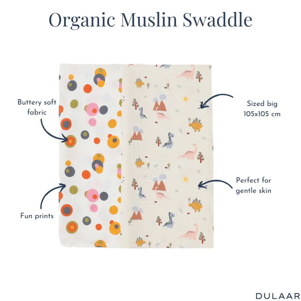 Dulaar Organic Muslin Swaddle for Newborns – Set of 2 | Playful &amp; Adventure Prints (0- 12months)