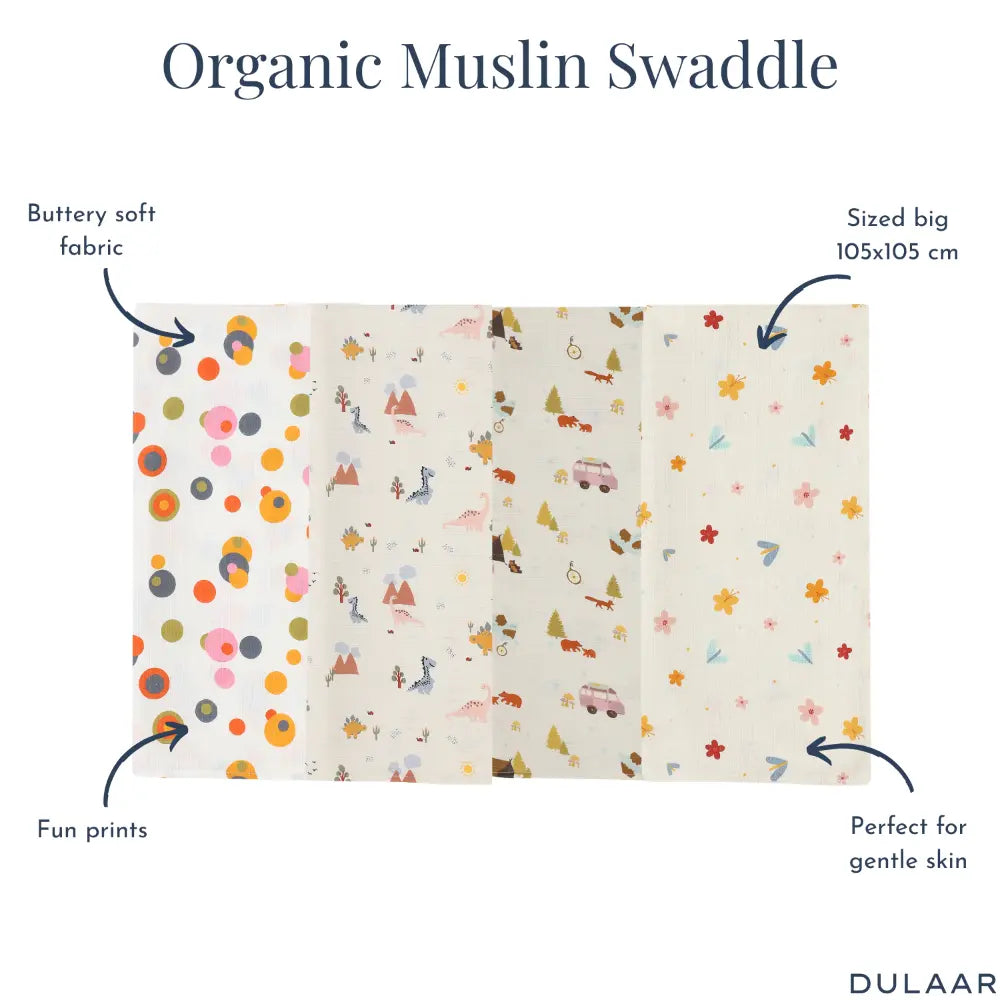 Dulaar Organic Muslin Swaddle for Newborns-Set Of 4 (0 - 12months)