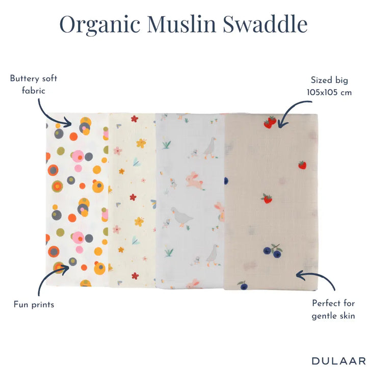 Dulaar Organic Muslin Swaddle for Newborns-Set Of 4 (0 - 12months)