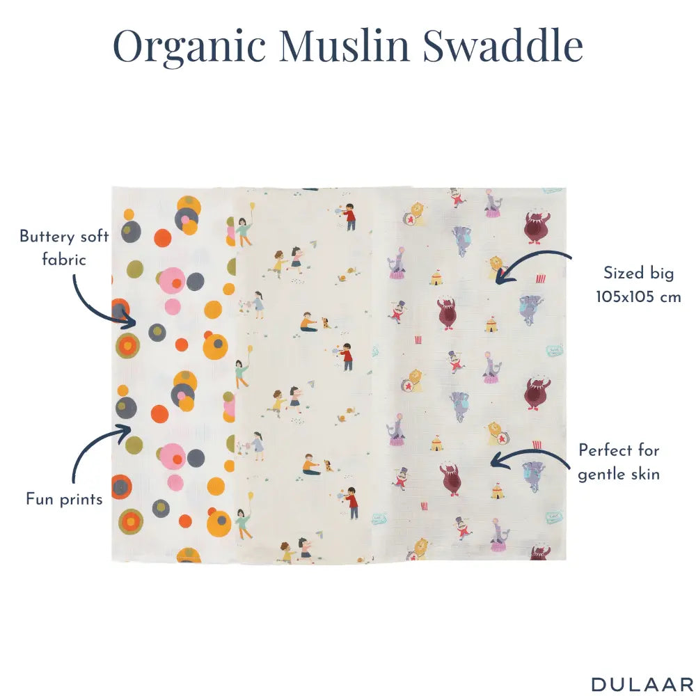 Dulaar Organic Muslin Swaddle for Newborns – Set of 3 | Playful &amp; Adventure Prints (0- 12months)