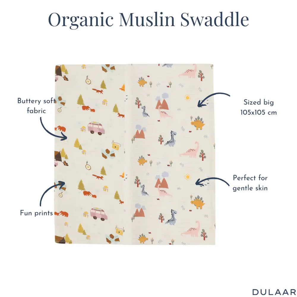 Dulaar Organic Muslin Swaddle for Newborns – Set of 2 | Playful &amp; Adventure Prints (0- 12months)