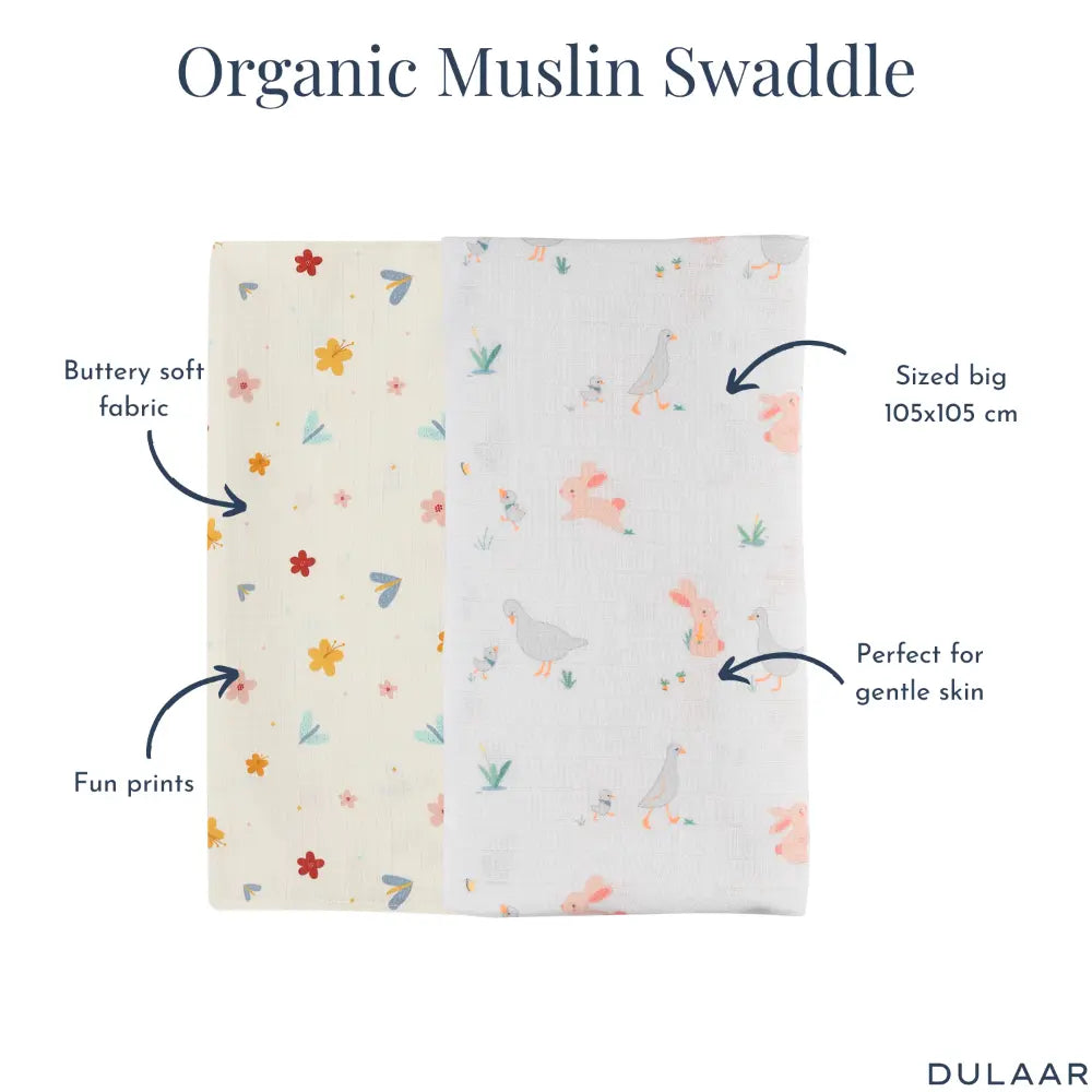 Dulaar Organic Muslin Swaddle for Newborns – Set of 2 | Nature &amp; Whimsical Prints (0- 12months)