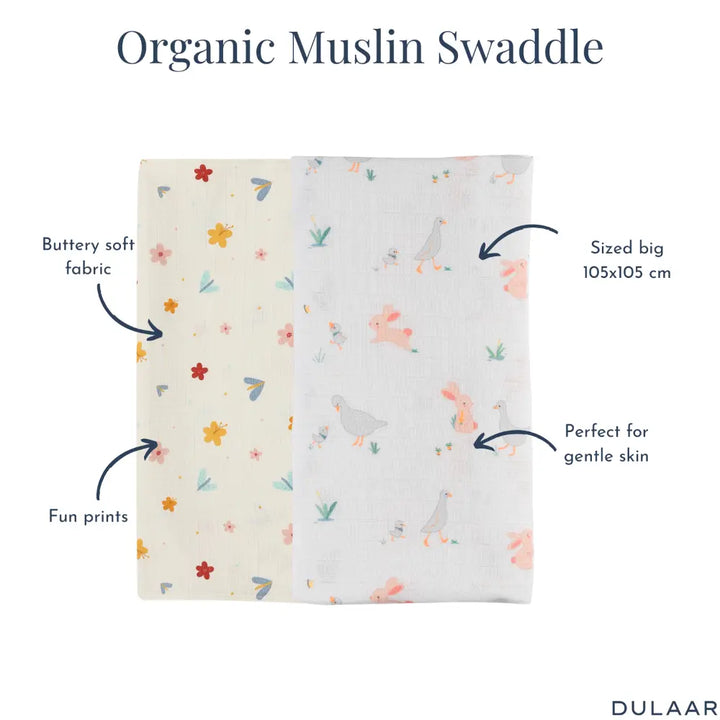Dulaar Organic Muslin Swaddle for Newborns – Set of 2 | Nature &amp; Whimsical Prints (0- 12months)