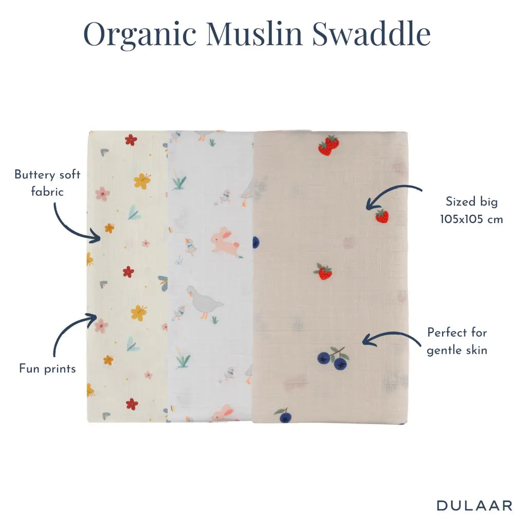 Dulaar Organic Muslin Swaddle for Newborns – Set of 3 | Nature &amp; Whimsical Prints (0- 12months)