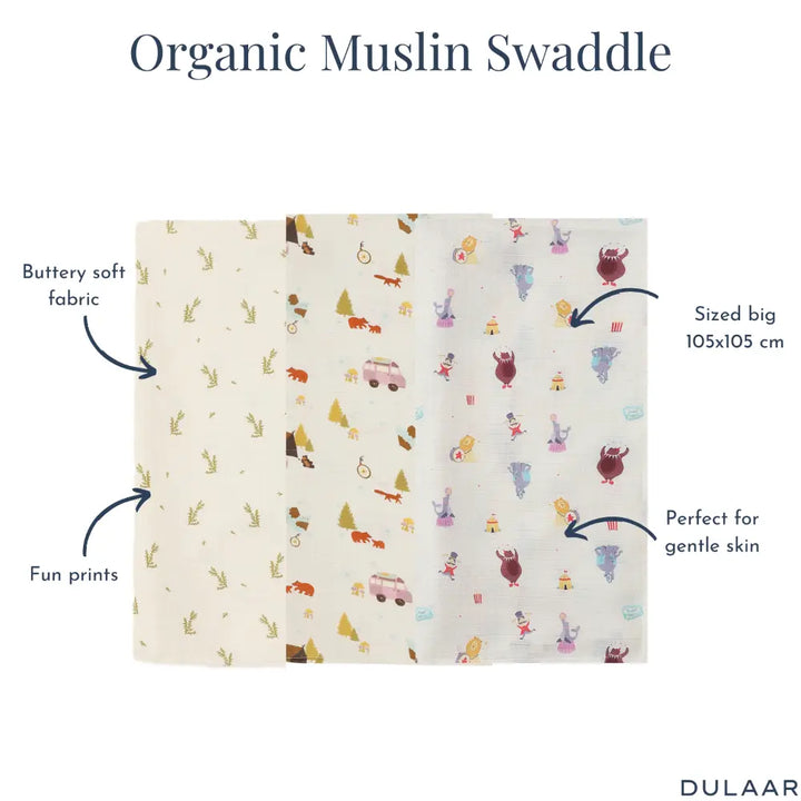 Dulaar Organic Muslin Swaddle for Newborns – Set of 3 | Playful &amp; Adventure Prints (0- 12months)