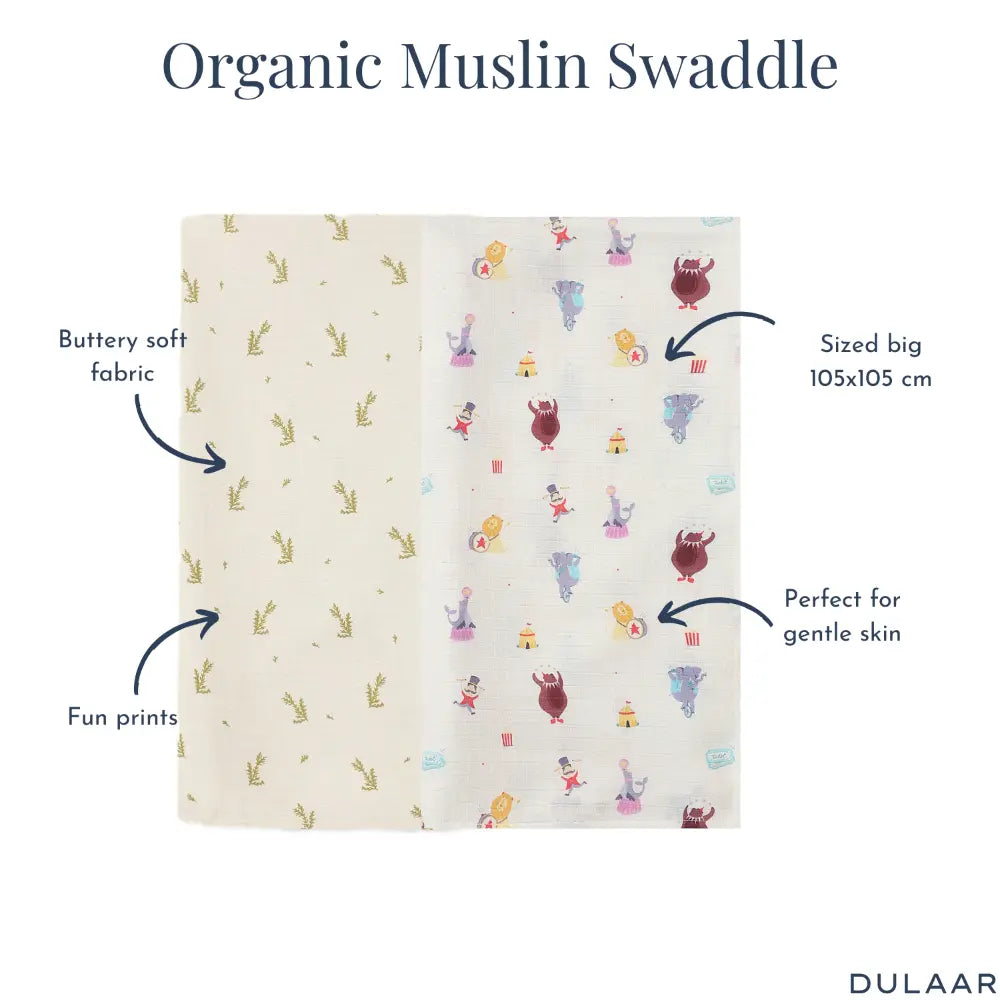 Dulaar Organic Muslin Swaddle for Newborns – Set of 2 | Nature &amp; Whimsical Prints (0- 12months)