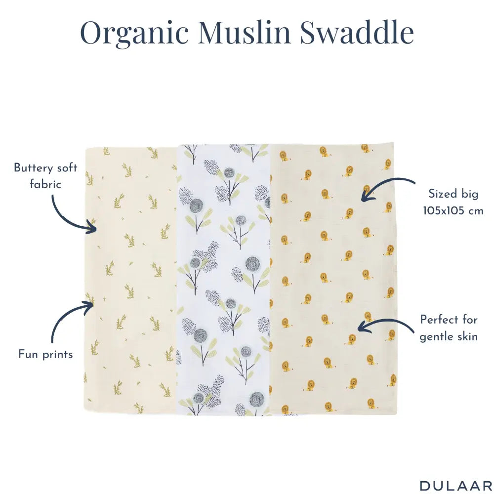 Dulaar Organic Muslin Swaddle (Set of 3)