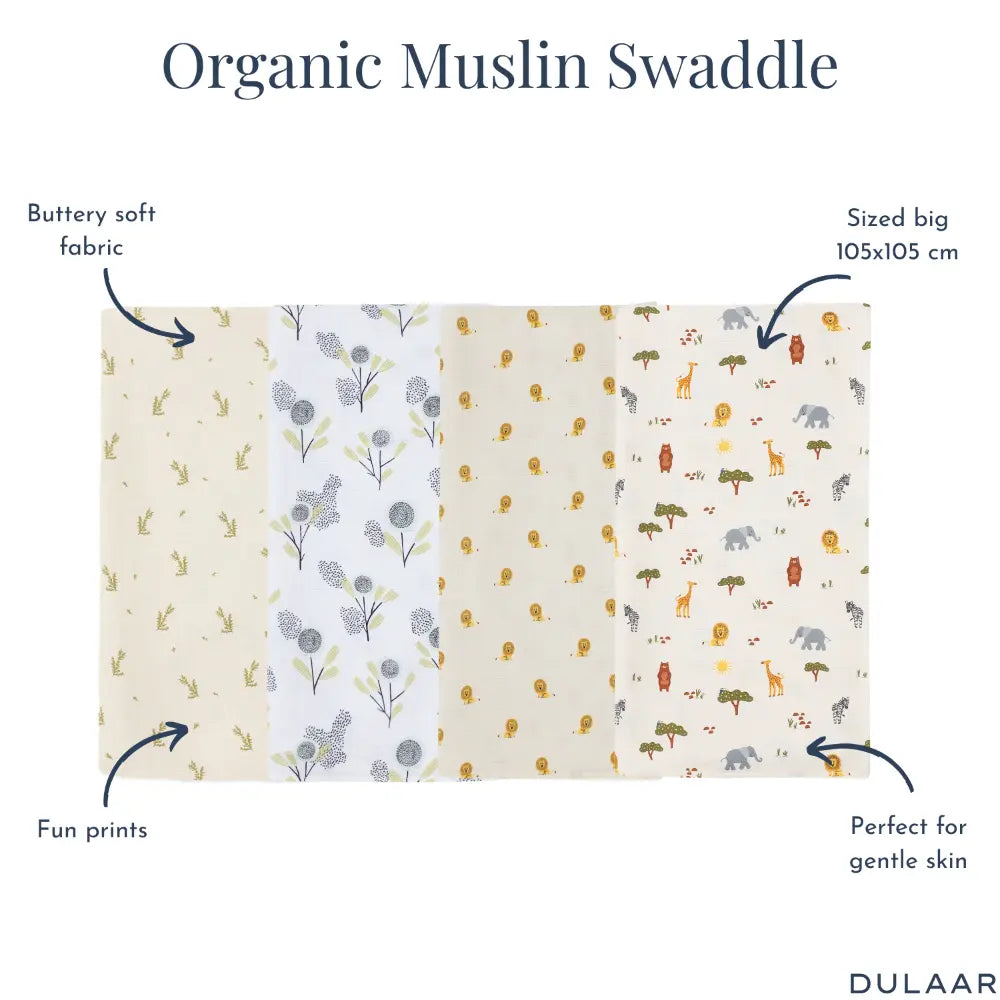 Dulaar Organic Muslin Swaddle for Newborns-Set Of 4 (0 - 12months)