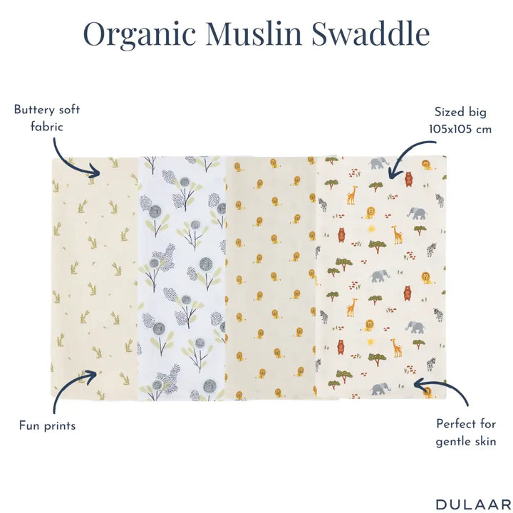 Dulaar Organic Muslin Swaddle for Newborns-Set Of 4 (0 - 12months)