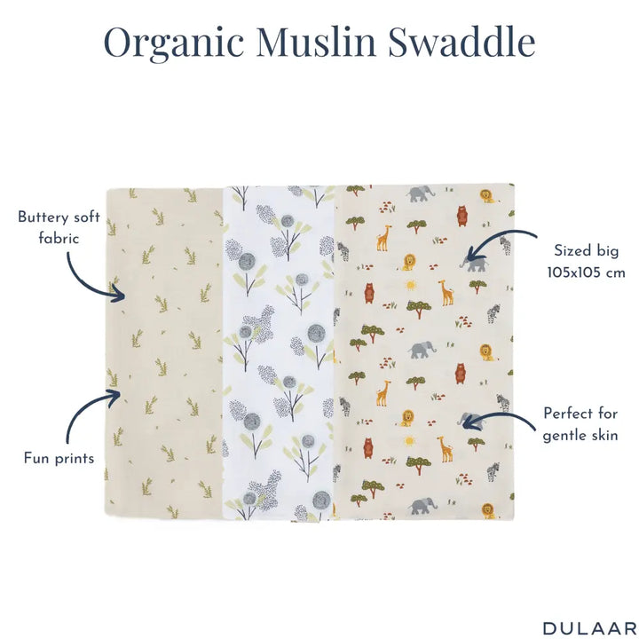 Dulaar Organic Muslin Swaddle (Set of 3)