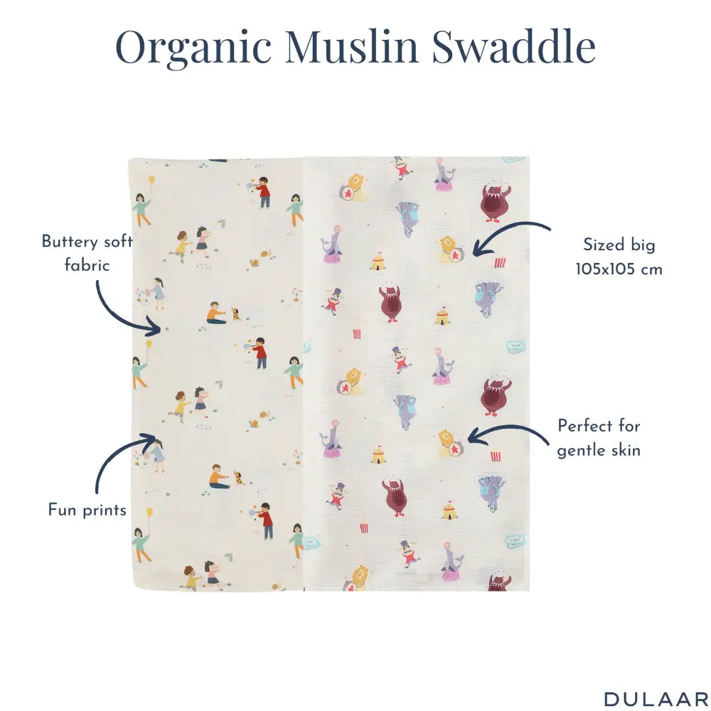 Dulaar Organic Muslin Swaddle for Newborns – Set of 2 | Playful &amp; Adventure Prints (0- 12months)