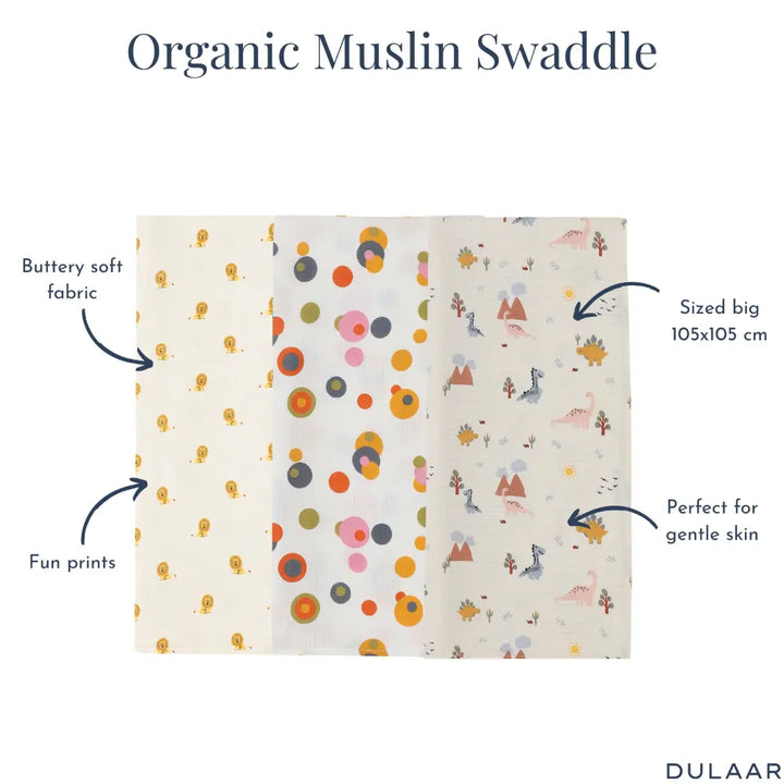 Dulaar Organic Muslin Swaddle for Newborns – Set of 3 | Playful &amp; Adventure Prints (0- 12months)