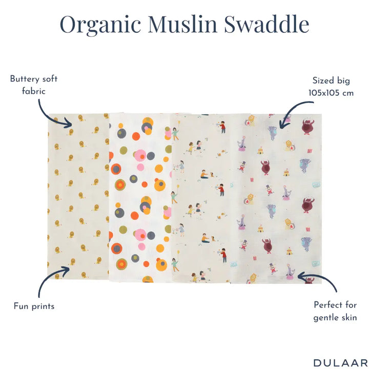 Dulaar Organic Muslin Swaddle for Newborns-Set Of 4 (0 - 12months)