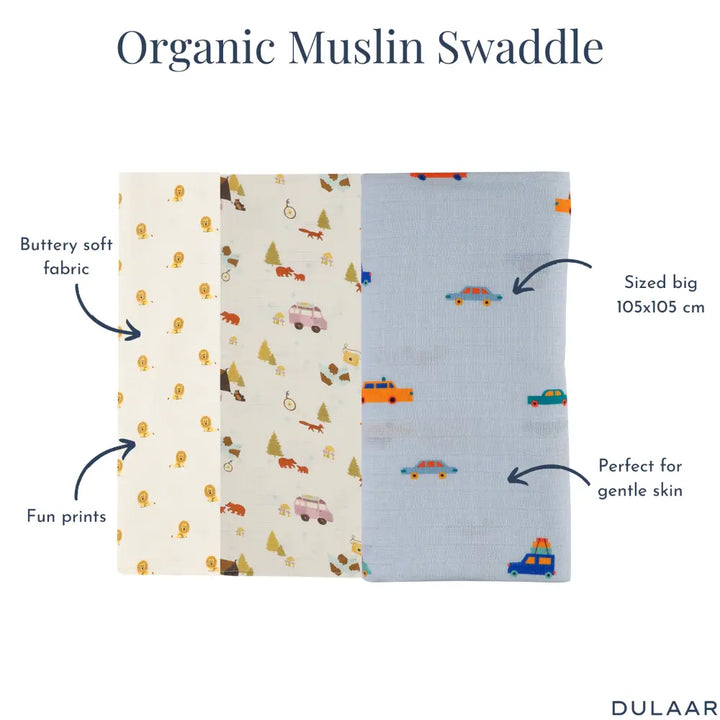 Dulaar Organic Muslin Swaddle for Newborns – Set of 3 | Playful &amp; Adventure Prints (0- 12months)