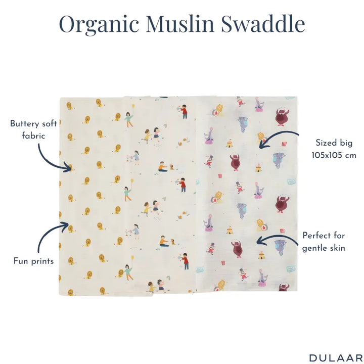 Dulaar Organic Muslin Swaddle for Newborns – Set of 3 | Playful &amp; Adventure Prints (0- 12months)