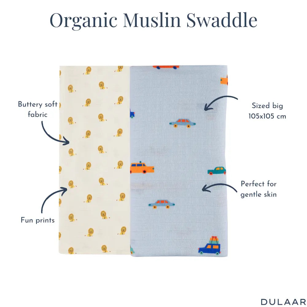 Dulaar Organic Muslin Swaddle for Newborns – Set of 2 | Playful &amp; Adventure Prints (0- 12months)
