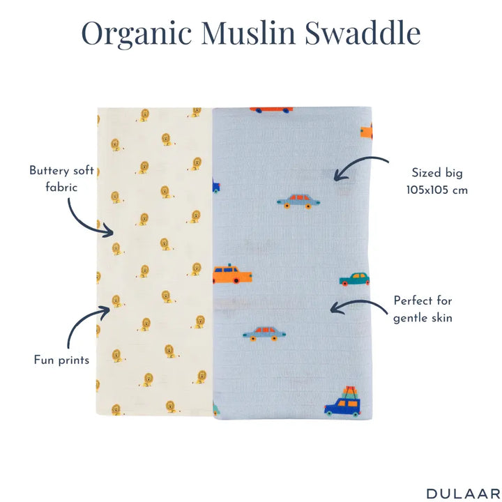 Dulaar Organic Muslin Swaddle for Newborns – Set of 2 | Playful &amp; Adventure Prints (0- 12months)