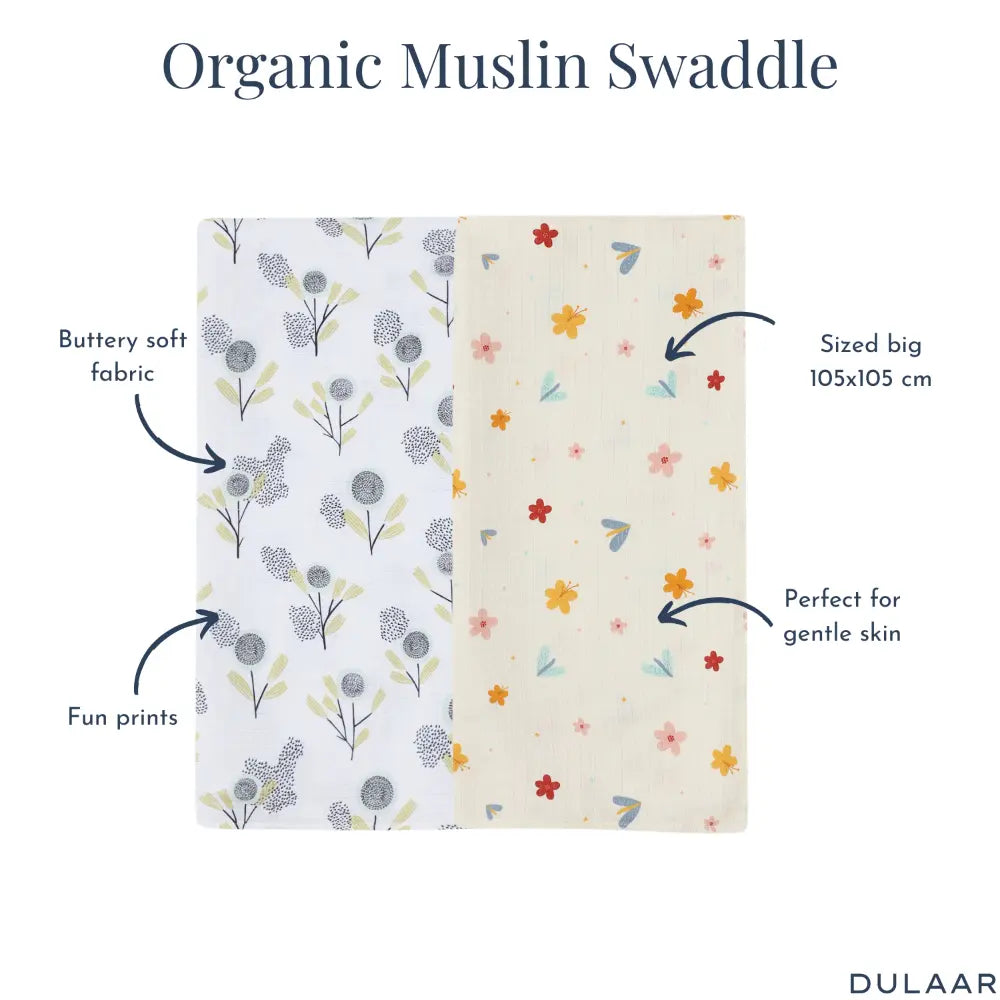 Dulaar Organic Muslin Swaddle for Newborns – Set of 2 | Nature &amp; Whimsical Prints (0- 12months)