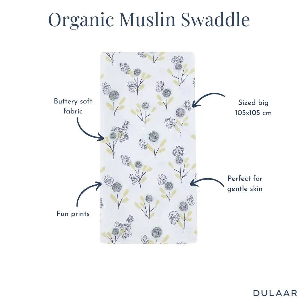 Dulaar Organic Muslin Swaddle for Newborns - Nature &amp; Calm Inspired Prints (0- 12months)