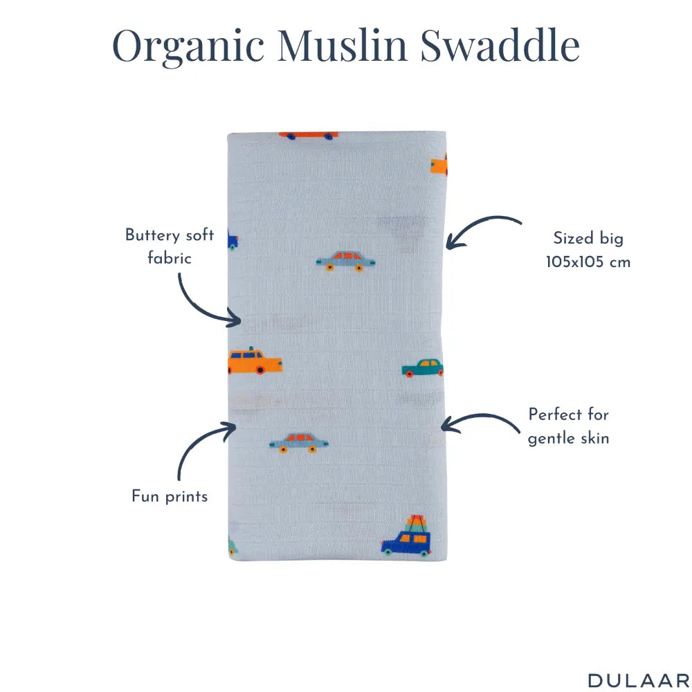 Dulaar Organic Muslin Swaddle for Newborns - Playful &amp; Adventure Prints (0- 12months)