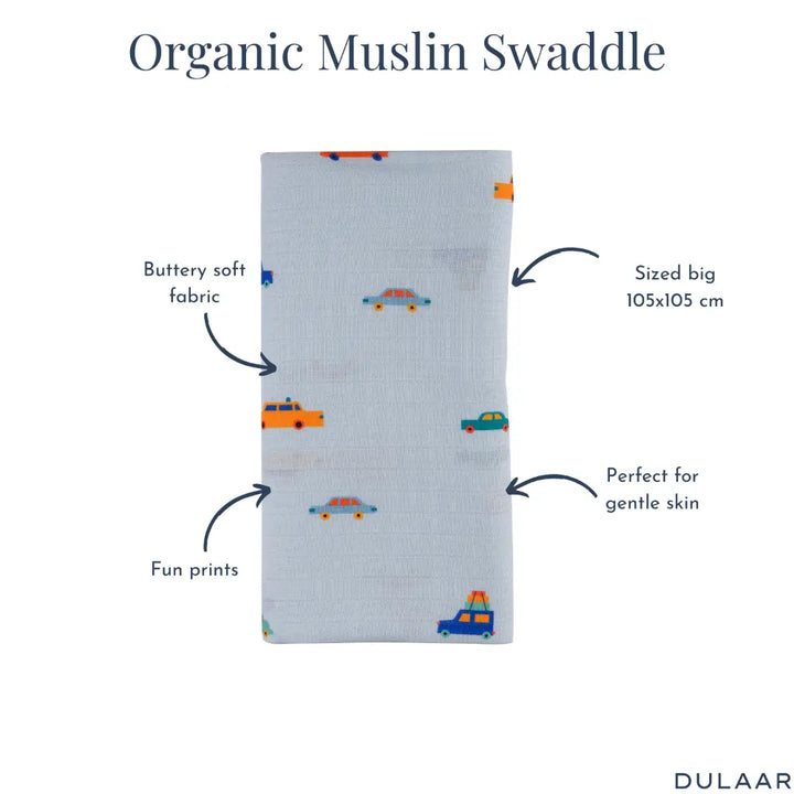 Dulaar Organic Muslin Swaddle for Newborns - Playful &amp; Adventure Prints (0- 12months)