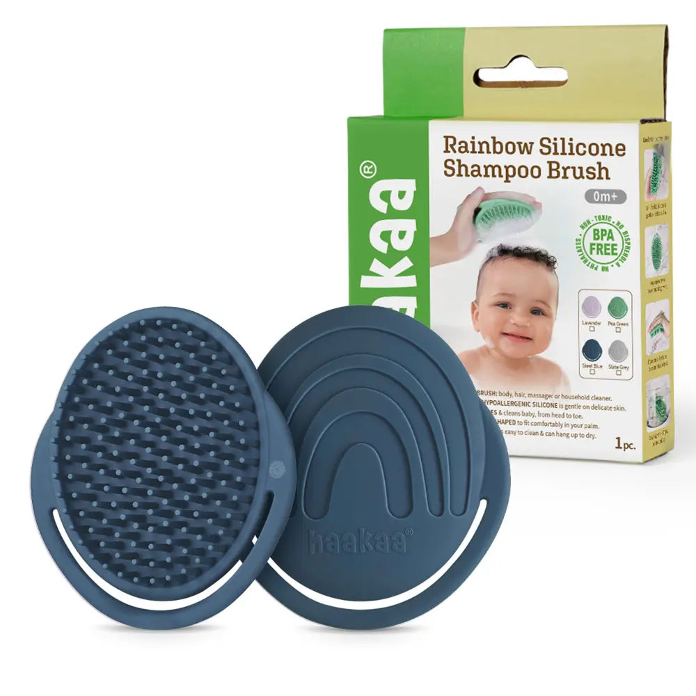 Haakaa Rainbow Silicone Shampoo Brush – Gentle Scalp Massage &amp; Cradle Cap Care – Steel Blue