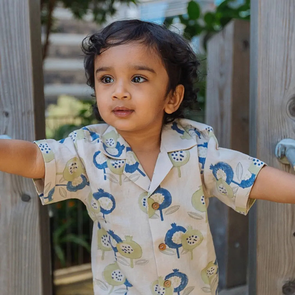 Dulaar Cotton Linen Shirt | Hand-Block Printed - Gardens of Anar (Indigo)