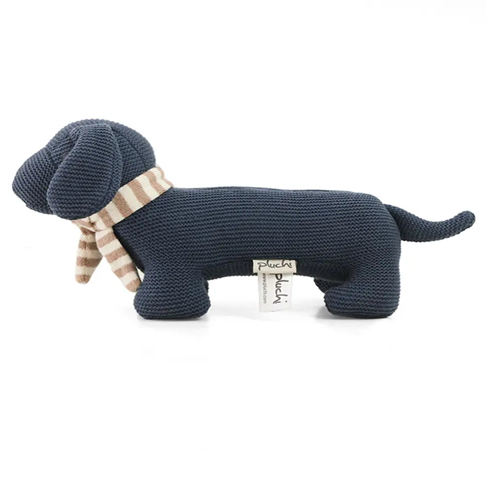 Pluchi Bruno Dog Cotton Knitted Stuffed Rattle Soft Toy With Crackle Sound on Ears - Queen Blue