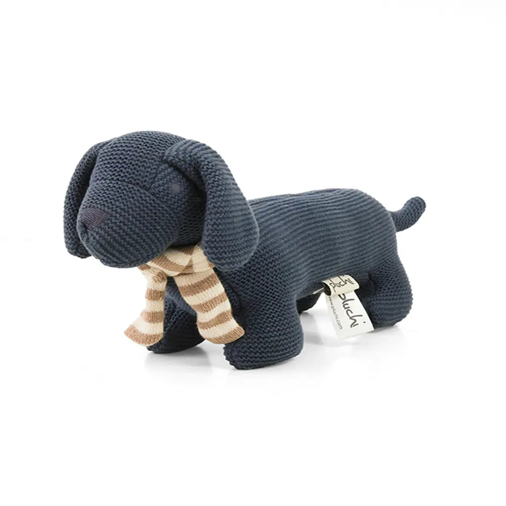 Pluchi Bruno Dog Cotton Knitted Stuffed Rattle Soft Toy With Crackle Sound on Ears - Queen Blue