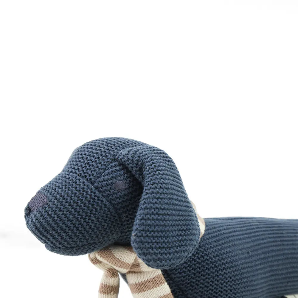 Pluchi Bruno Dog Cotton Knitted Stuffed Rattle Soft Toy With Crackle Sound on Ears - Queen Blue