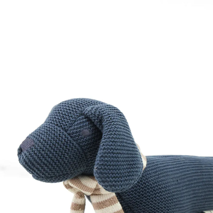 Pluchi Bruno Dog Cotton Knitted Stuffed Rattle Soft Toy With Crackle Sound on Ears - Queen Blue