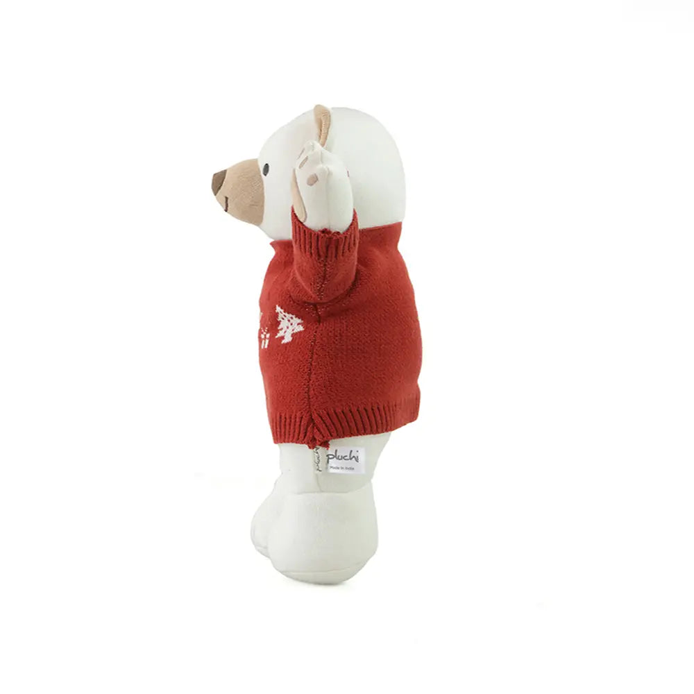 Pluchi Cuddle Friend Teddy With Sweater Cotton Knitted Stuffed Soft Toy - Ivory &amp; Marsala