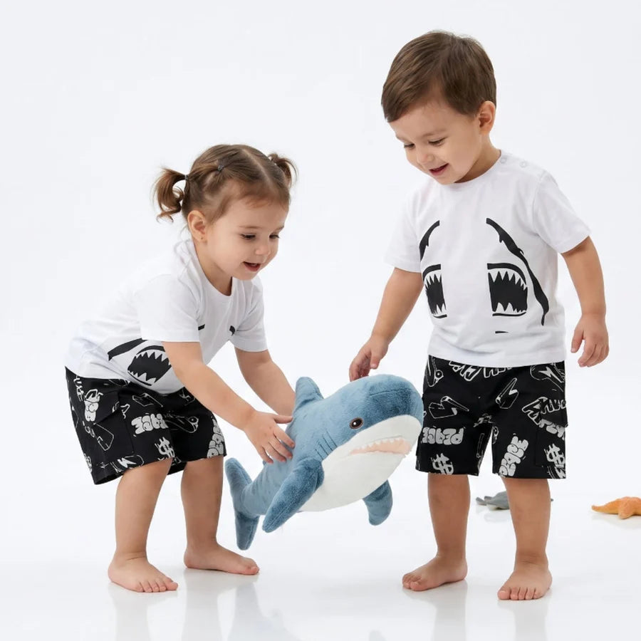 Sweetlime By AS Unisex Jaws &amp; Graffiti Cotton Shorts Co-ord Set - Streetwear - White &amp; Black