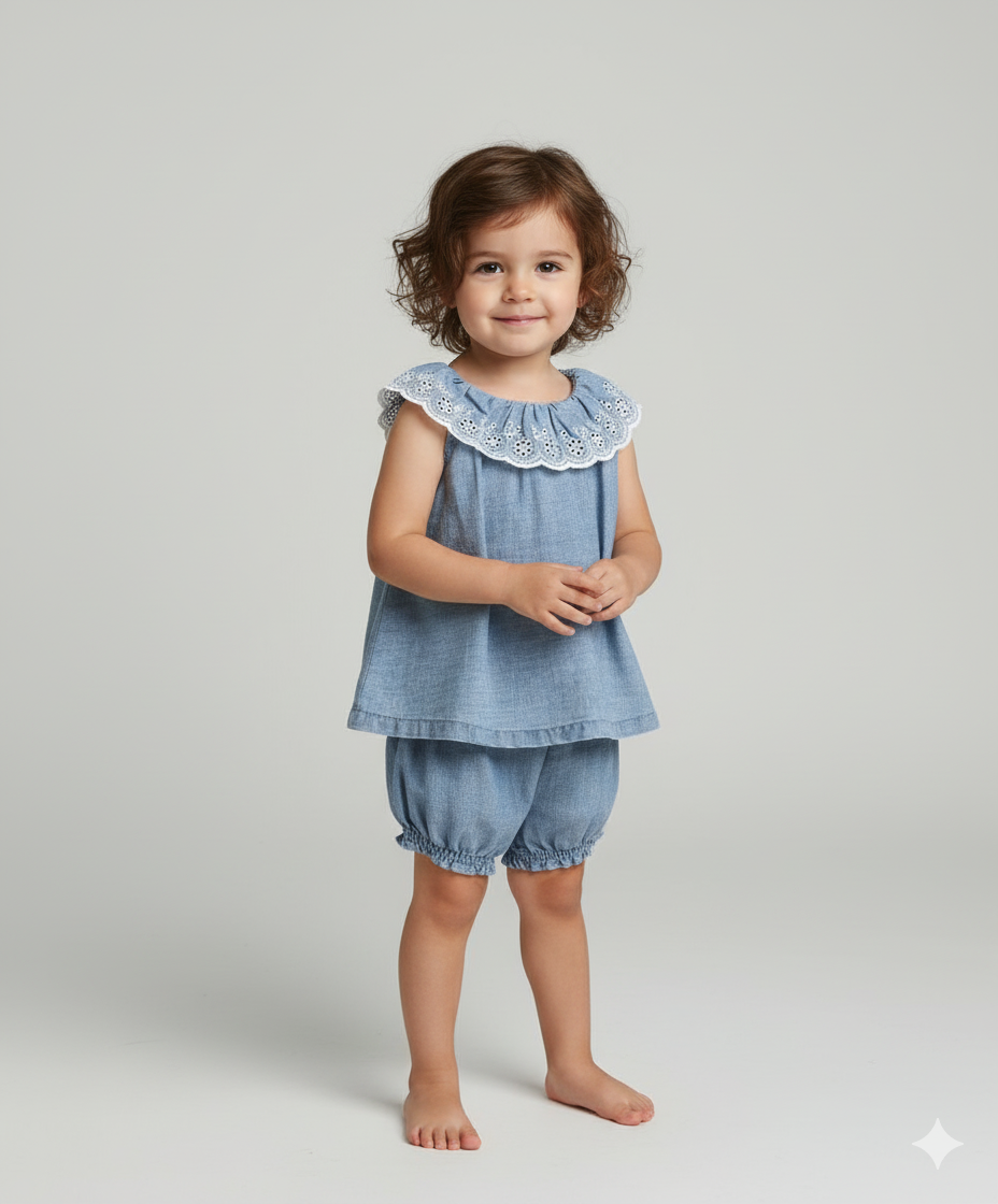 Sweetlime By AS Cotton Denim Ruffle Dress &amp; Bloomer Set - Blue